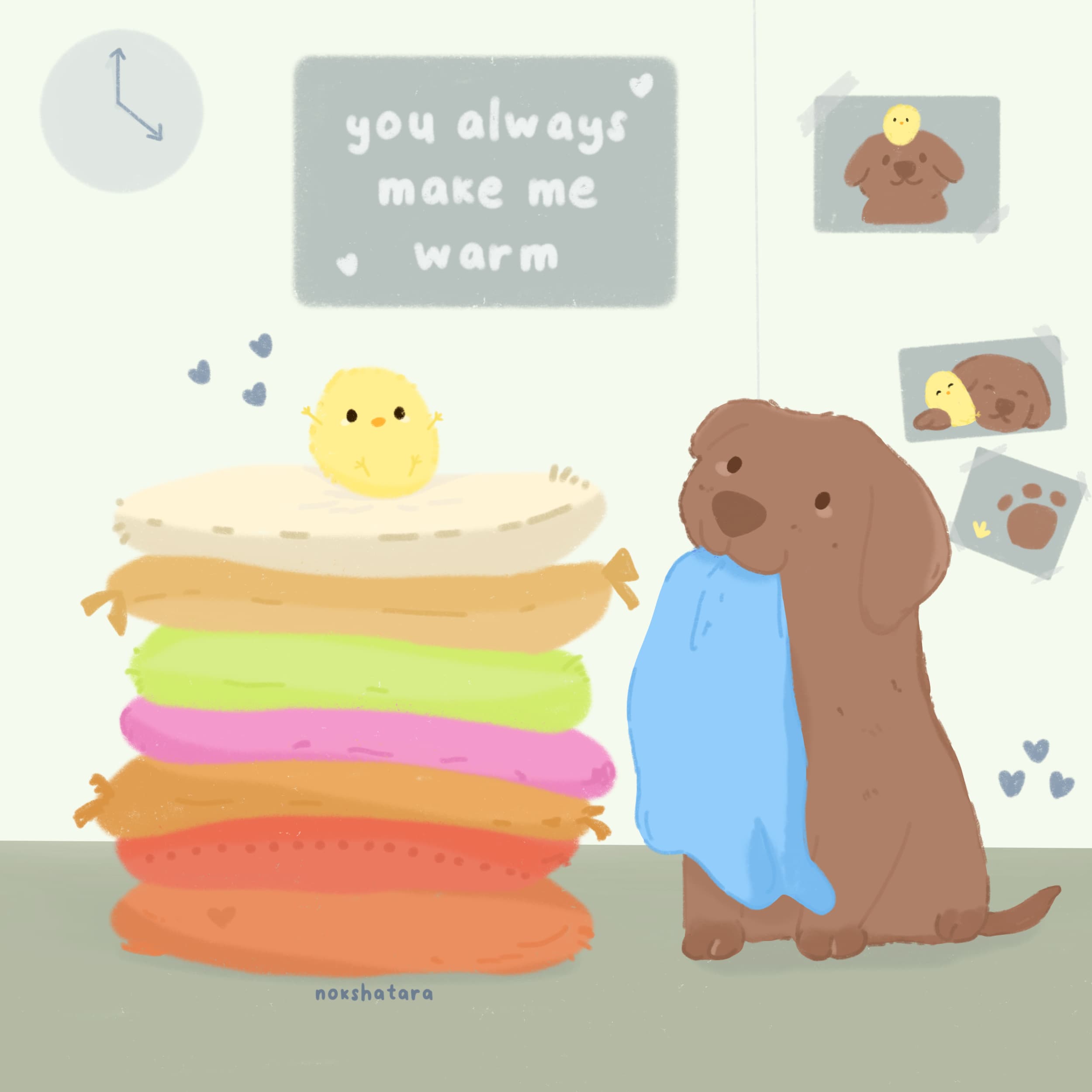 Illustration of a dog and baby chick bestfriends with the words you always make me warm