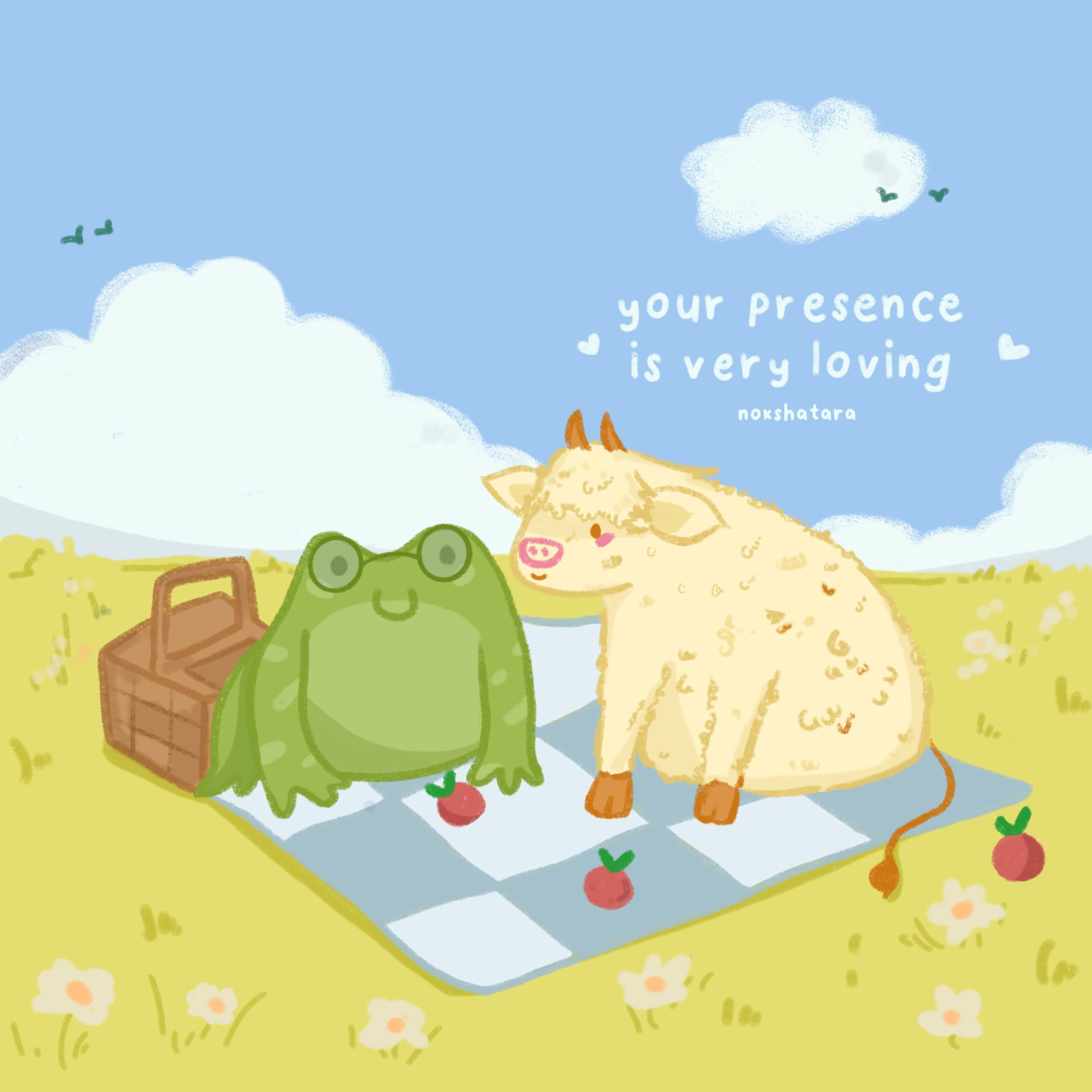 Illustration of a cow and frog bestfriends on a picnic with the words your presence is very loving