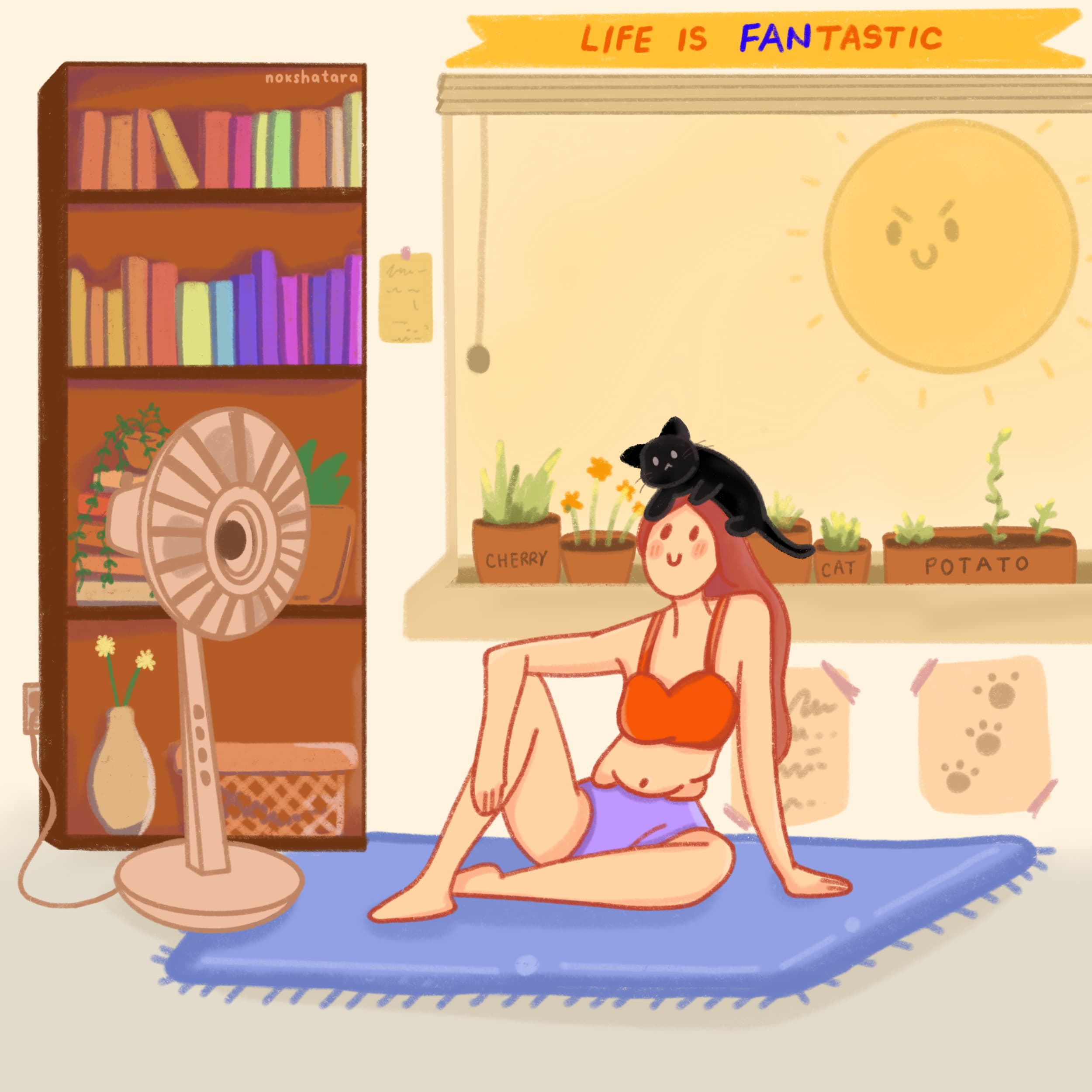 Illustration of a girl sitting in front of a fan on a hot summer day with a cat on her head