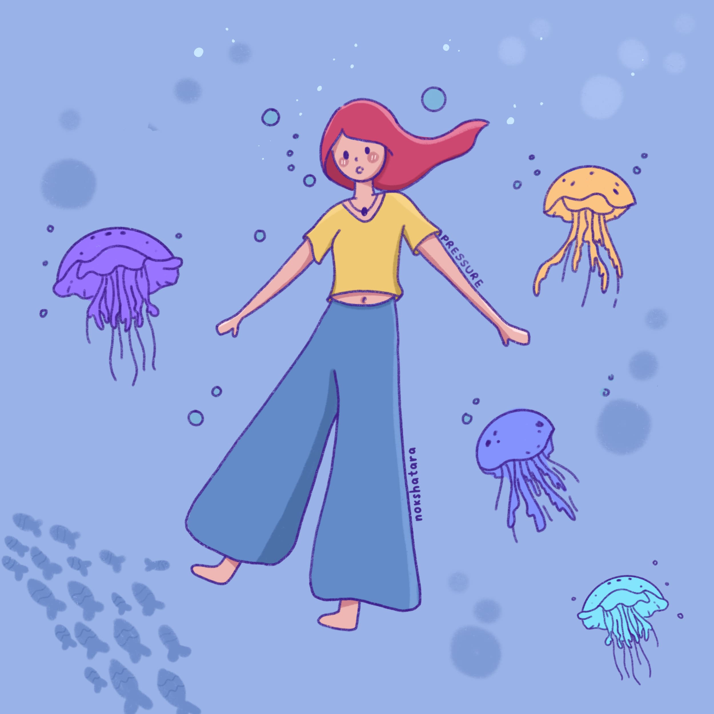 Illustration of a girl underwater with jellyfish and bubbles floating around.